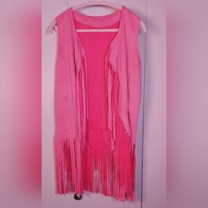 Pink Faux Suede Fringe Vest Size XL Sleeveless Open Front Retro Western 70s 60s